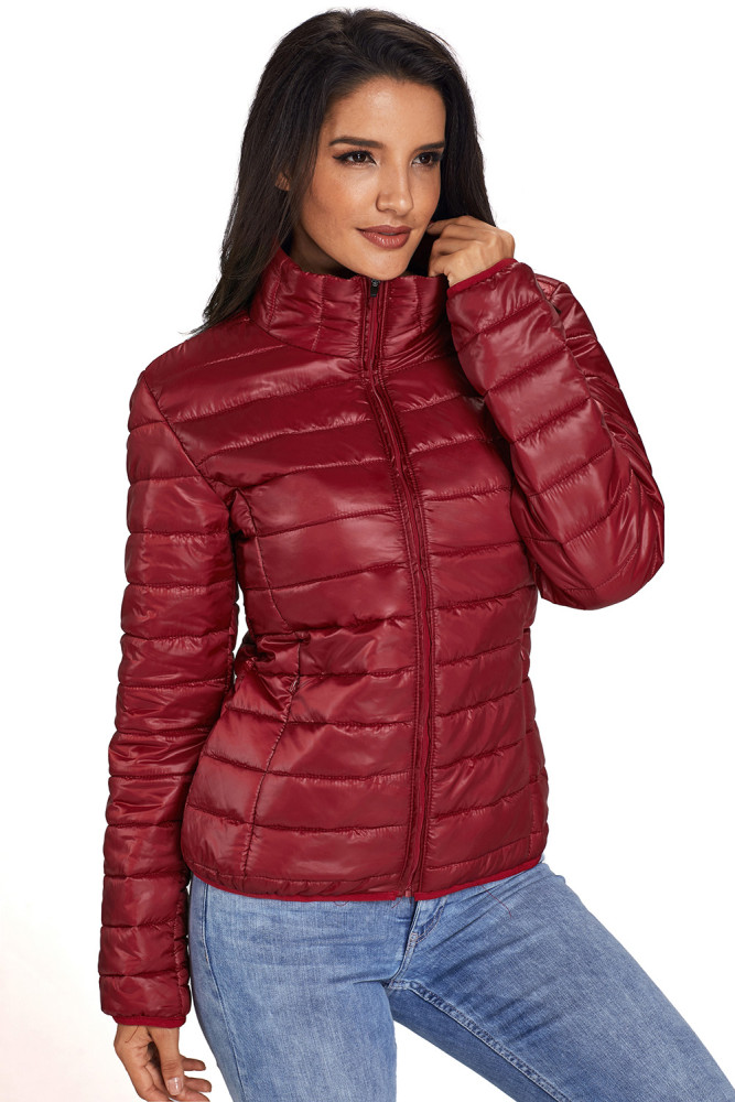 Wine High Neck Quilted Cotton Jacket