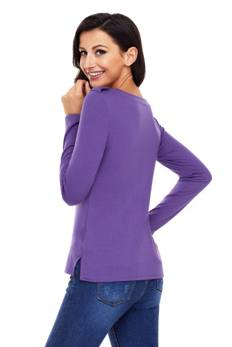 Purple Button Long Sleeve Top with Pockets