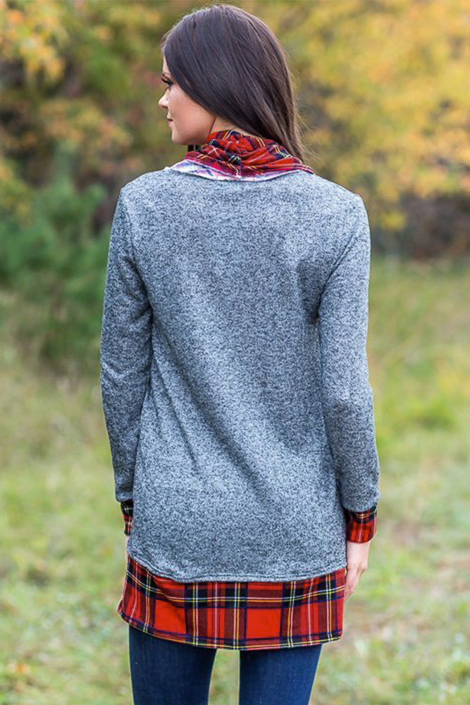 Gray Autumn Wind Plaid Cowl Neck Tunic