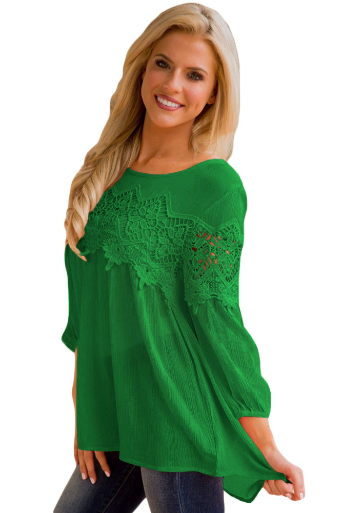 Green Crochet Detail Long Sleeve Babydoll Top