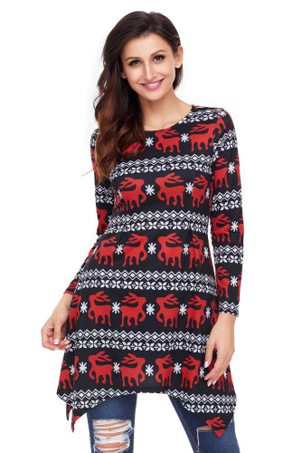 Cute Christmas Reindeer Print Black Swingy Mini Dress