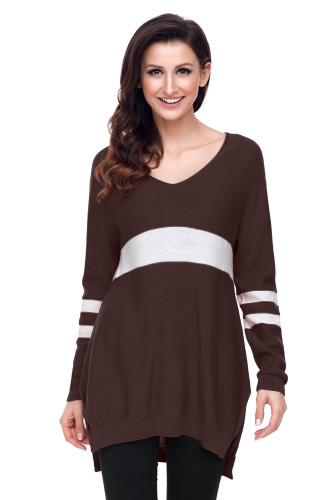 White Strip Brown V Neck Sweater