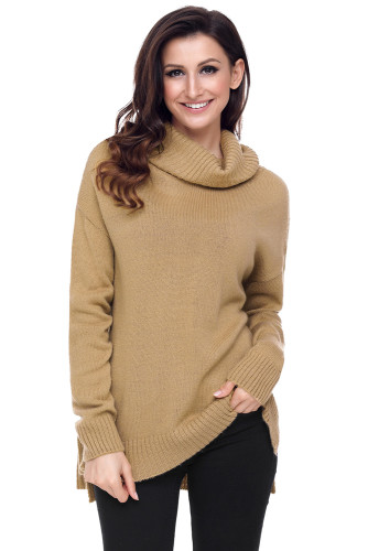 Khaki Causal Knit High Neck Loose Sweater