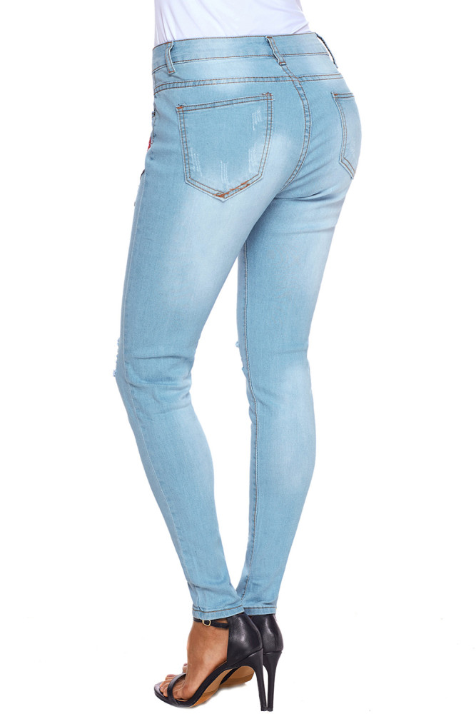Rose Embroidery Distressed Light Blue Skinny Jeans