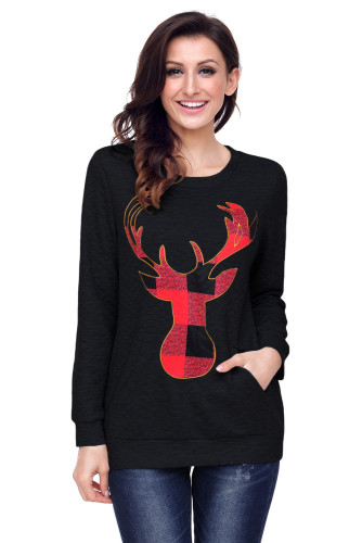 Black Christmas Plaid Deer Print Abdomen Pocket Sweatshirt