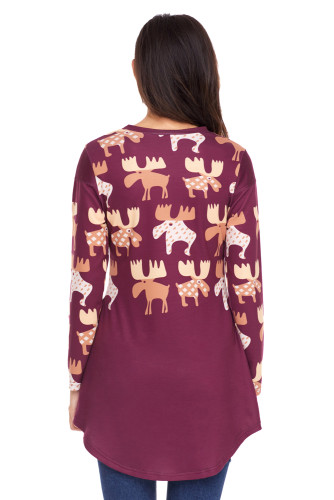 Orange Cartoon Reindeer Print Mauve Christmas Blouse