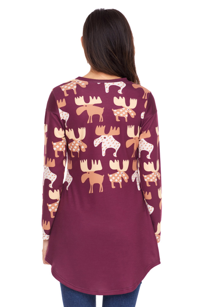 Orange Cartoon Reindeer Print Mauve Christmas Blouse