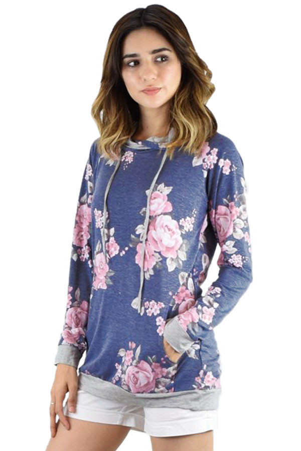 Navy Pink Floral Drawstring Hoodie