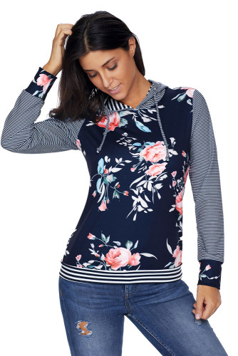 Dark Blue Pinstripe Accent Floral Print Drawstring Hoodie