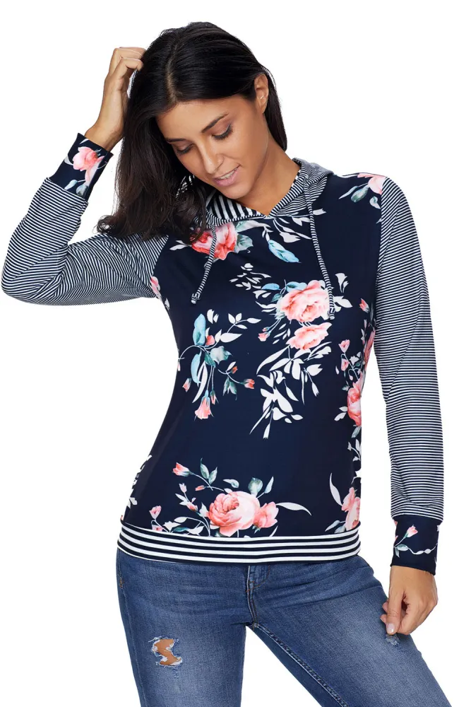 Dark Blue Pinstripe Accent Floral Print Drawstring Hoodie