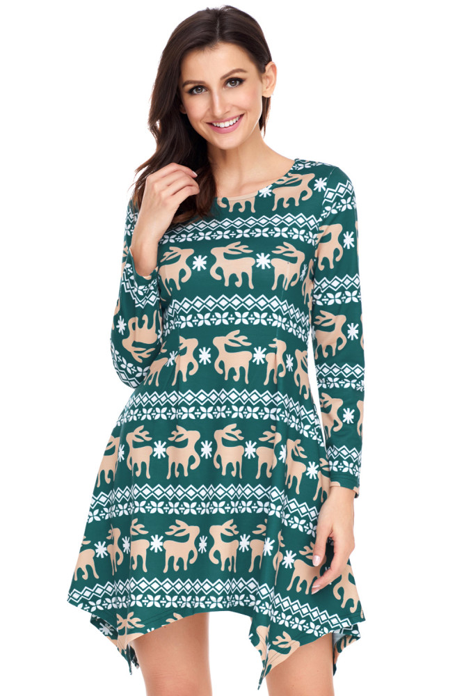 Cute Christmas Reindeer Print Green Swingy Mini Dress