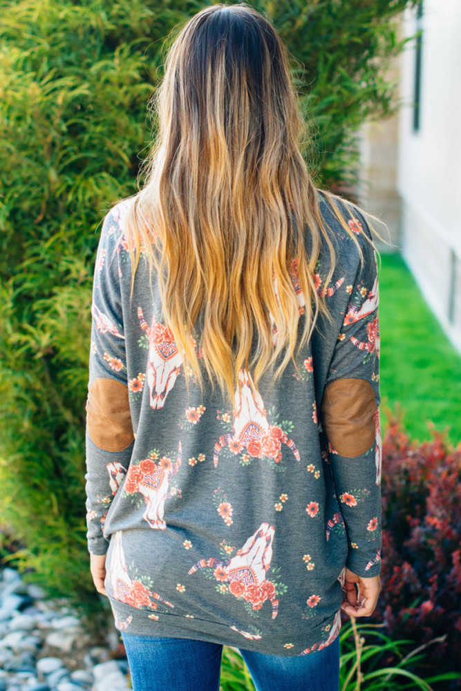 Floral Print Elbow Patch Grey Long Sleeve Top