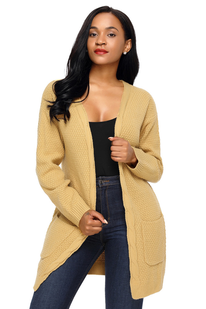 Khaki Long Open Front Pocket Cardigan