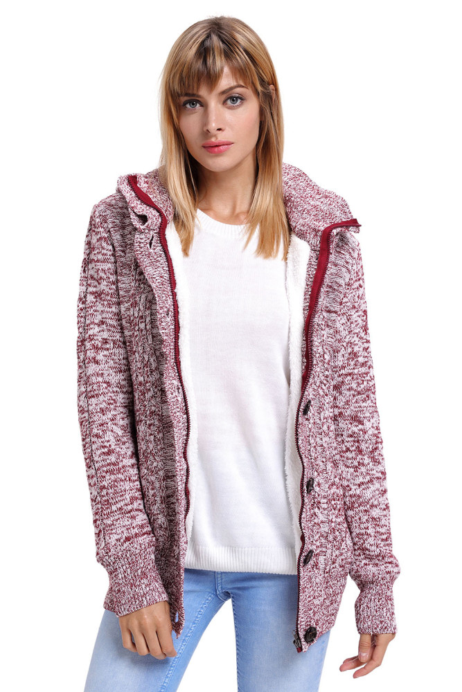 Red Long Sleeve Button-up Hooded Cardigans