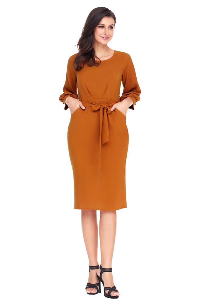 Mustard Puff Sleeve Belt Chiffon Pencil Dress