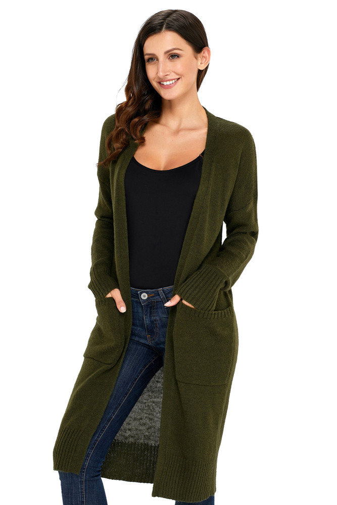 Army Green Knit Long Sleeve Open Front Cardigan