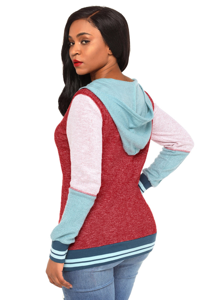Varsity Striped Purplish Red Colorblock Hoodie