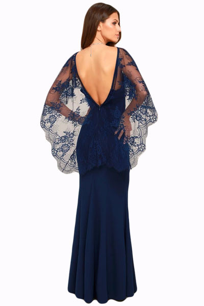 Navy Blue V Cut Open Back Lace Cape Sleeve Maxi Poncho Dress