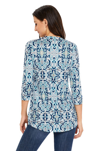 Blue Floral Notch Neck Pin-tuck Tunic