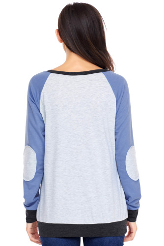 Blue Raglan Sleeve Patch Elbow Sweatshirt Top