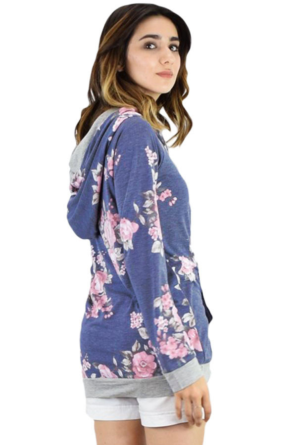 Navy Pink Floral Drawstring Hoodie