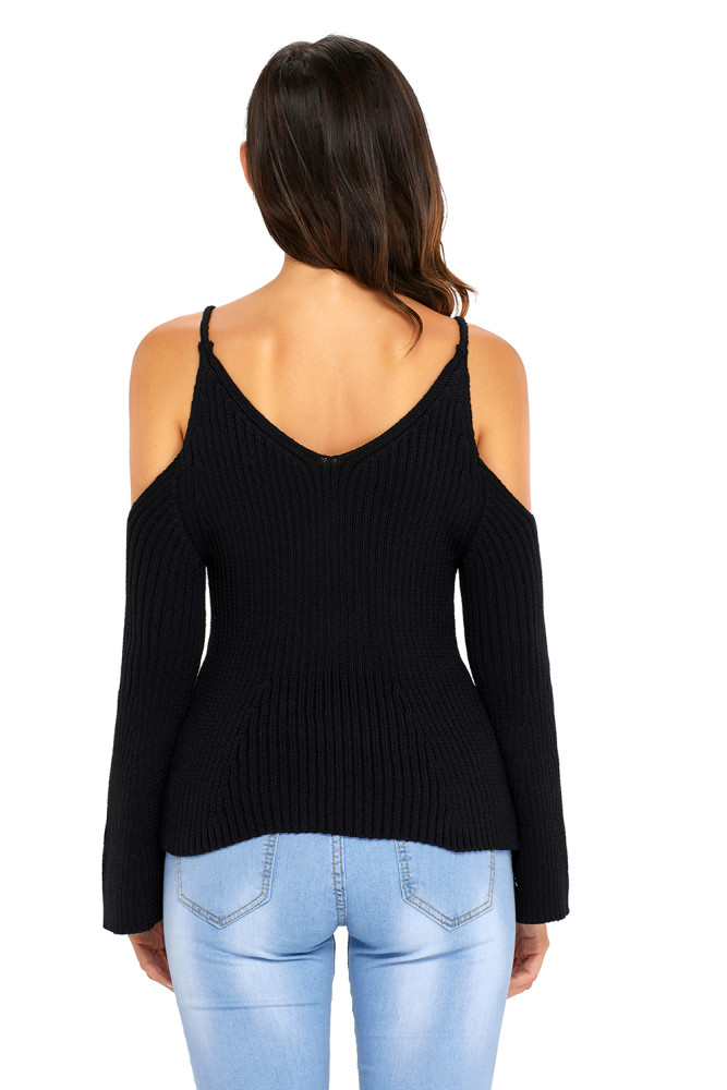 Black Cold Shoulder Bell Sleeve Sweater