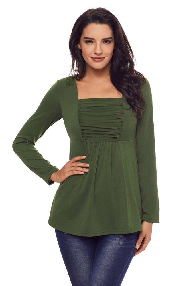 Army Green Square Neckline Ruched Long Sleeve Blouse
