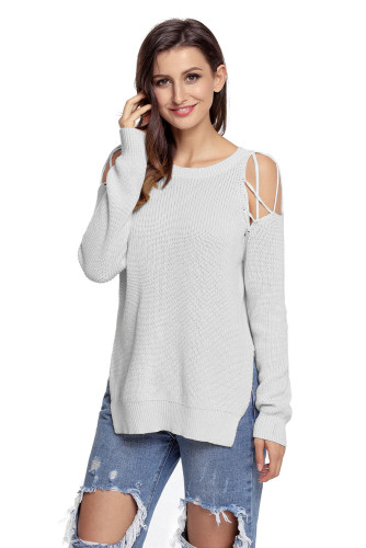 Gray Lace up Shoulder Sweater