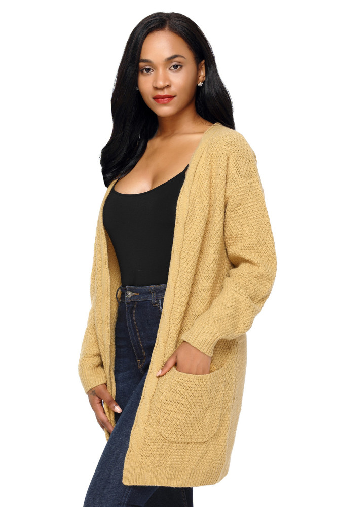 Khaki Long Open Front Pocket Cardigan