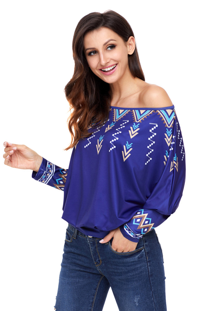 Royal Blue Printed Batwing Sleeve Skew Neck Blouse