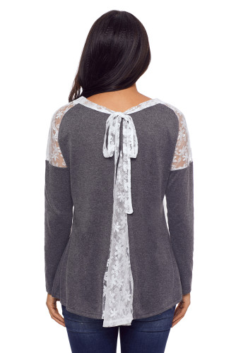 Split Effect Back Lace Insert Charcoal Long Sleeve Top