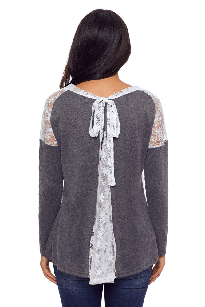 Split Effect Back Lace Insert Charcoal Long Sleeve Top
