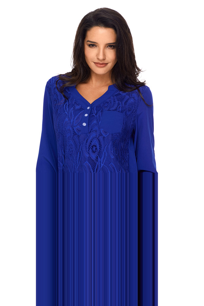 Blue Lace Panel Split Neck Roll Tab Sleeve Blouse