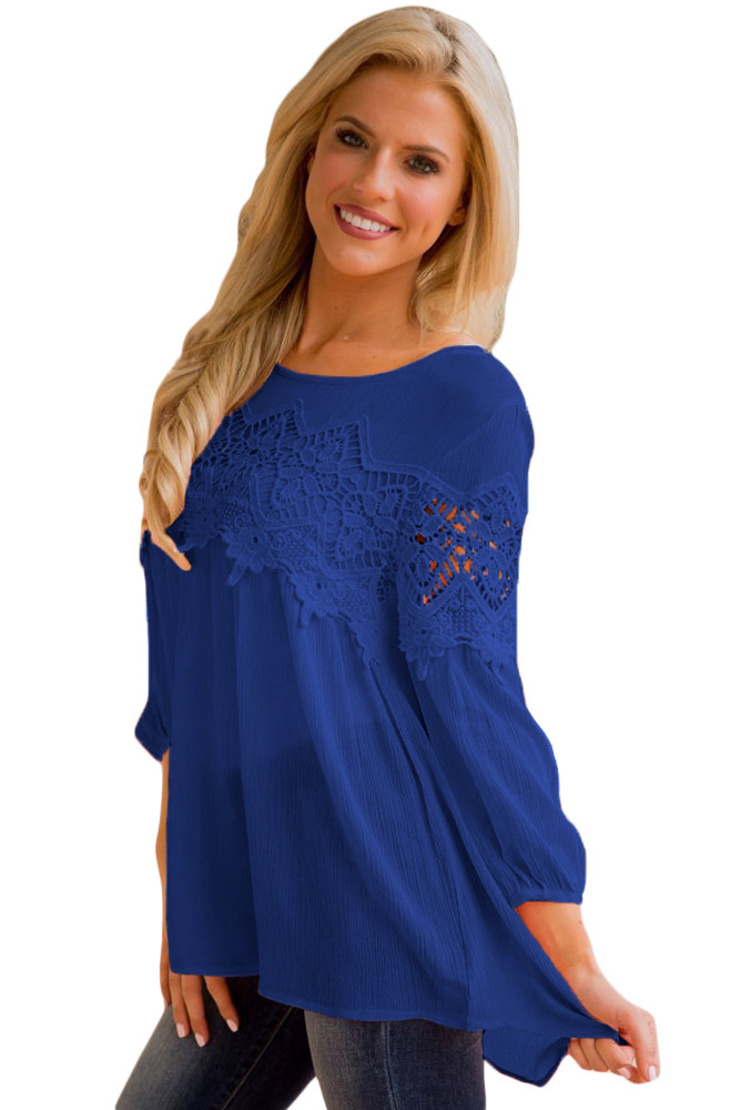 Royal Blue Crochet Detail Long Sleeve Babydoll Top