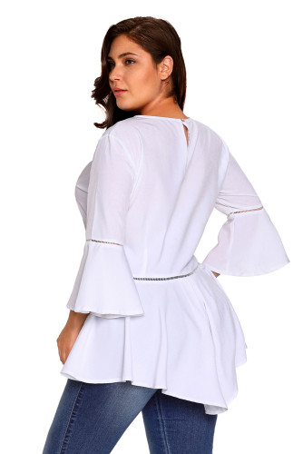 White Crochet Insert Bell Sleeve Plus Size Top