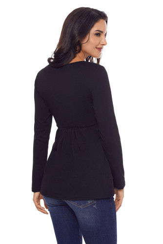 Black Square Neckline Ruched Long Sleeve Blouse