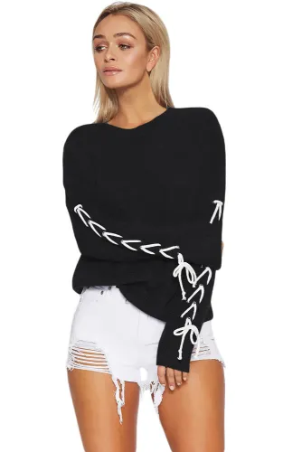Black Lace up Sleeve Sweater