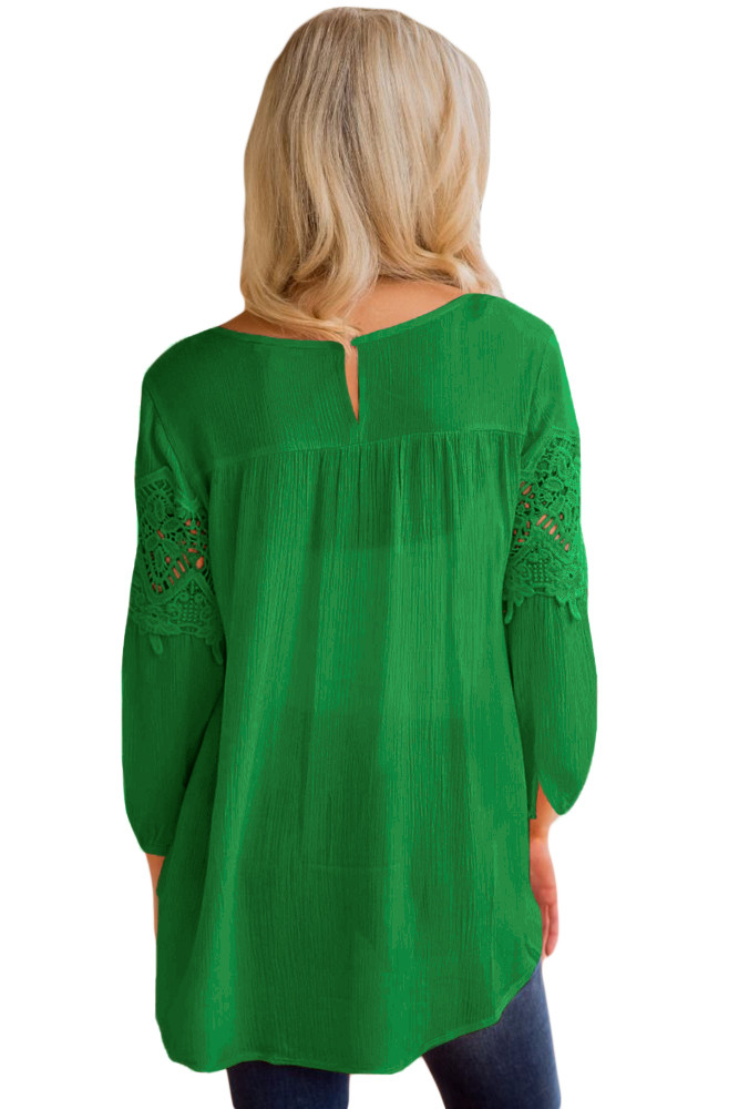 Green Crochet Detail Long Sleeve Babydoll Top