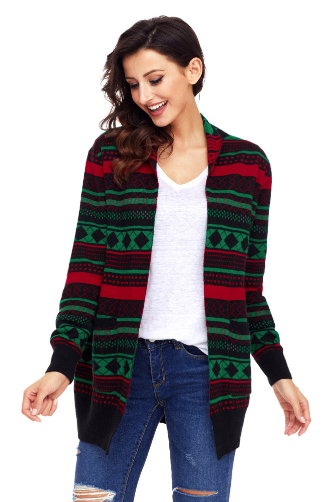 Black Red Green Geometric Knit Christmas Cardigan