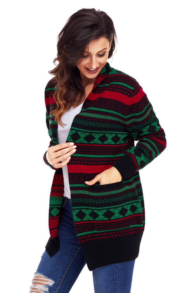 Black Red Green Geometric Knit Christmas Cardigan