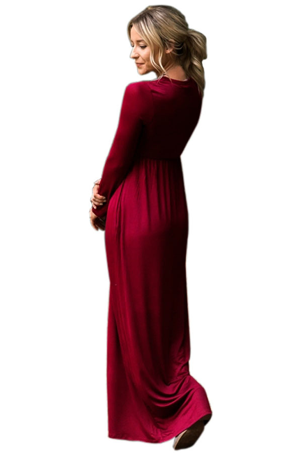 Burgundy Long Sleeve High Waist Maxi Jersey Dress