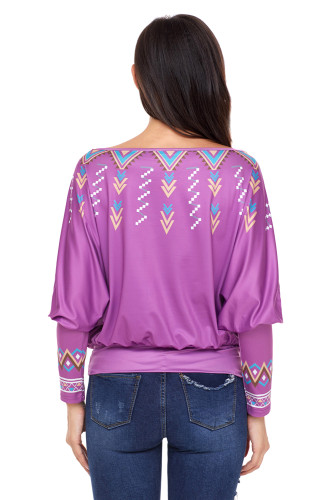 Purple Printed Batwing Sleeve Skew Neck Blouse