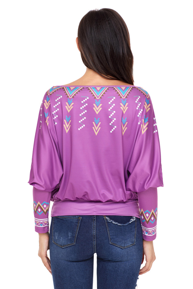 Purple Printed Batwing Sleeve Skew Neck Blouse