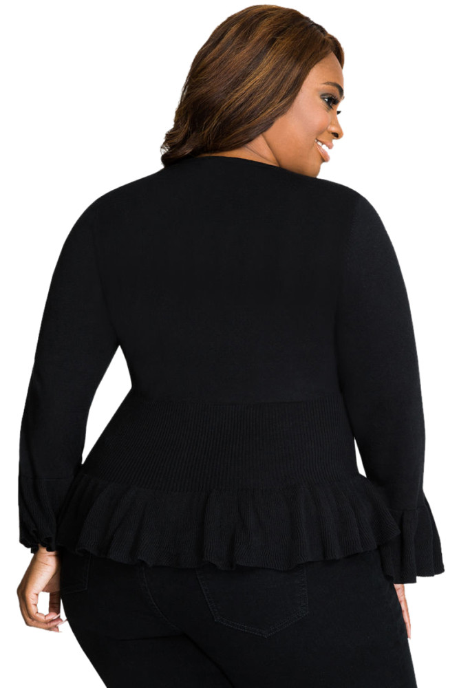 Black Ruffle Hem V Neck Plus Size Cardigan