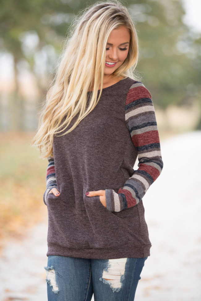 Multicolor Stripes Sleeve Pullover Mocha Sweatshirt