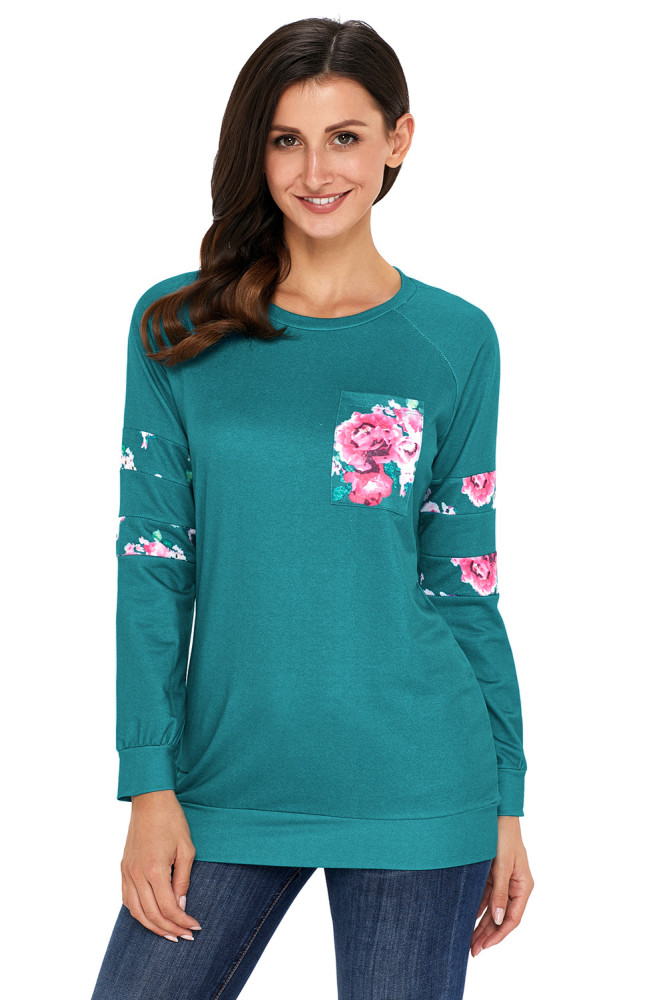 Floral Patch Accent Turquoise Sweatshirt