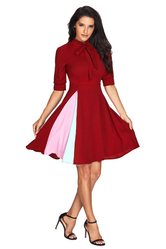 False Slit Splice Burgundy Bow Tie Vintage Dress