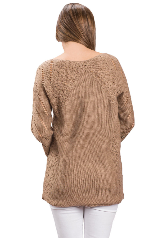 Mocha Open Knit Sleeve Cutout V Neck Sweater