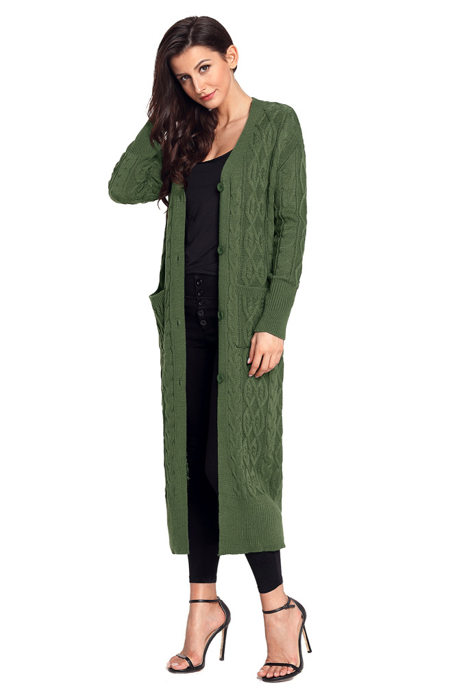 Army Green Cable Knit Long Cardigan