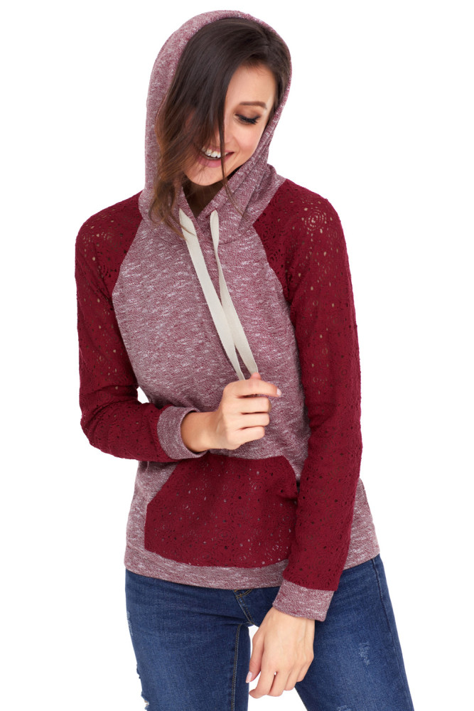 Purplish Red Lace Accent Kangaroo Pocket Hoodie